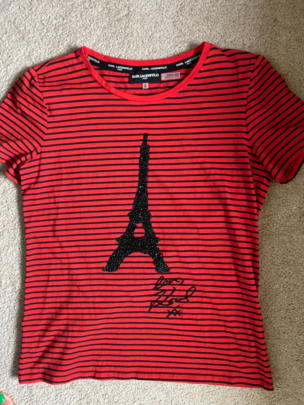 Karl Lagerfeld Red & Black Striped Eiffel Sequin Tee